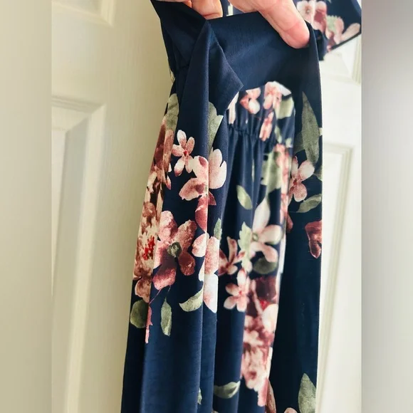 Chris and Carol Navy Floral Midi Dress with Pink Blossoms - Picture 4 of 9